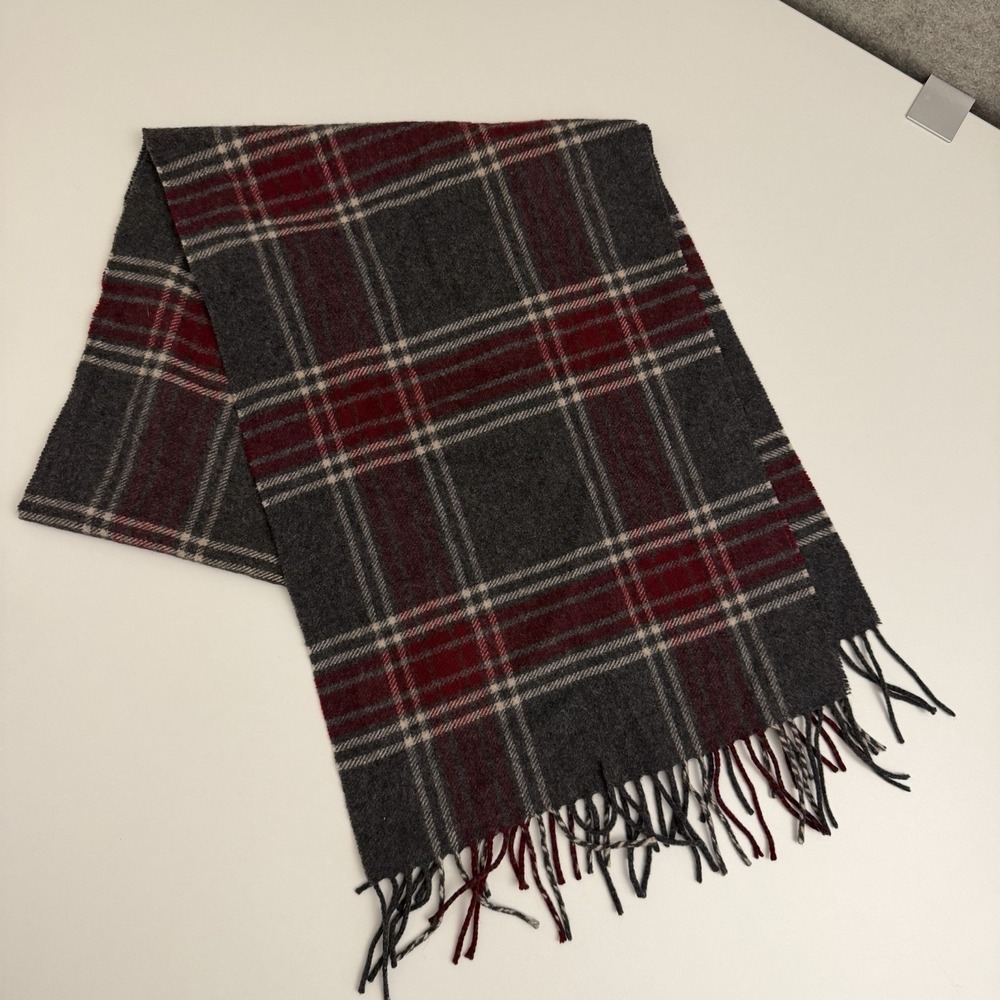 Jos A Bank Mens 100% Cashmere Scarf Plaid Grey Burgundy Fringe Winter Luxury